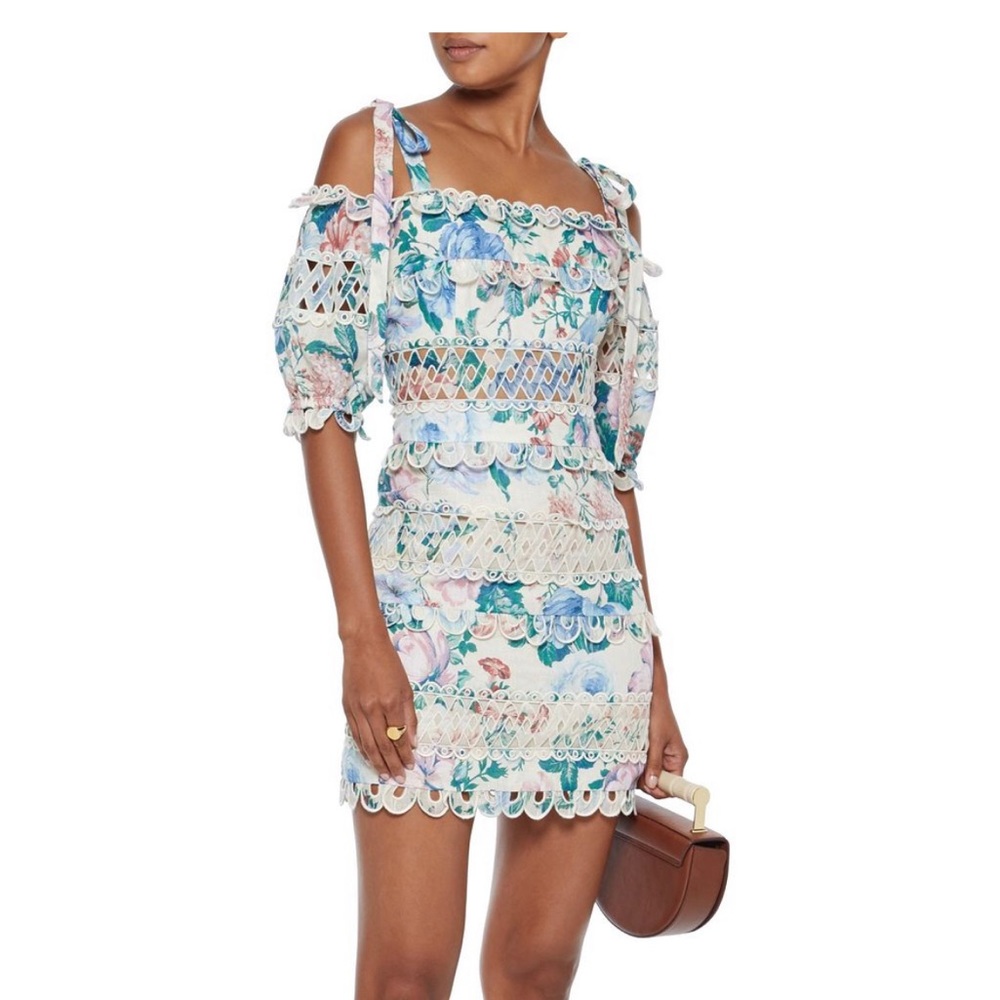 Zimmermann Cold-shoulder floral-print broderie anglaise linen mini dress